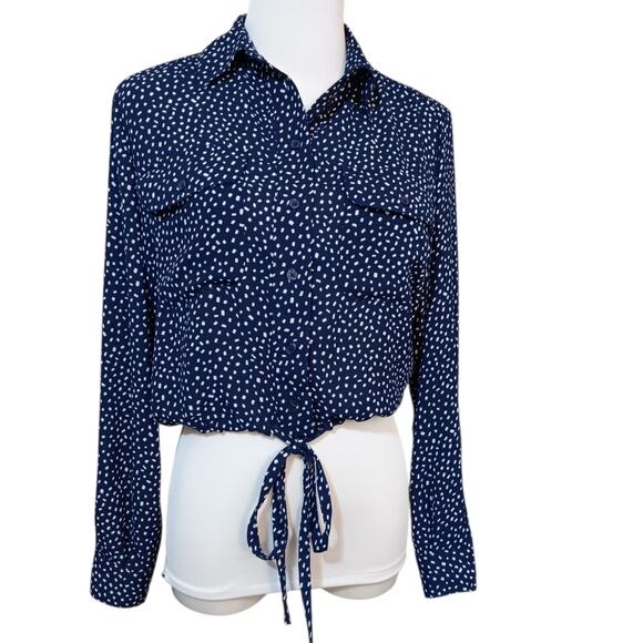 EXPRESS Cute Tie Top Blouse XS Front Pockets Blousy Fit Navy Blue Career Casual - Picture 8 of 8